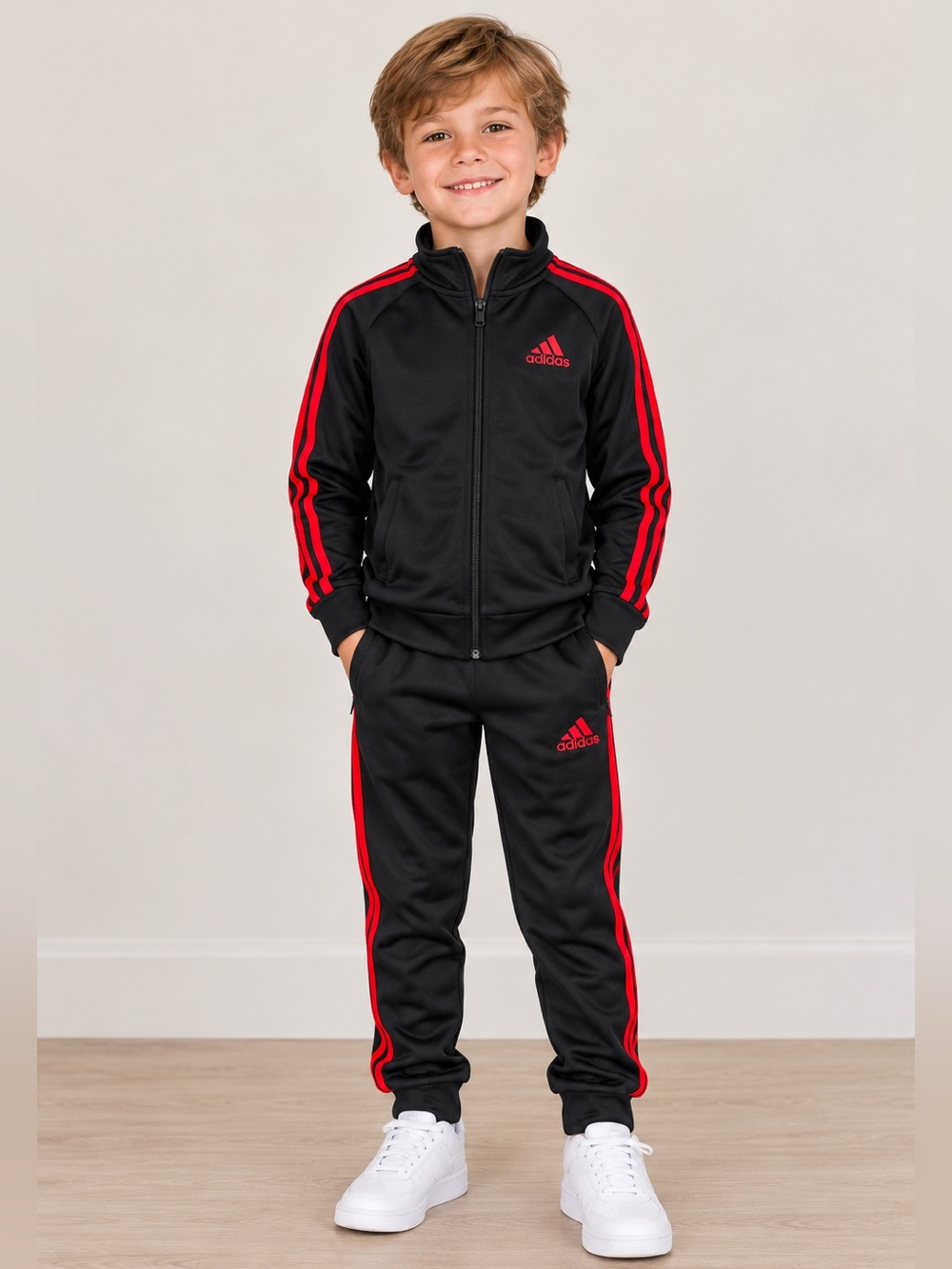 Adidas Boys Black & Red Track Jacket & Pants Set – Size 5